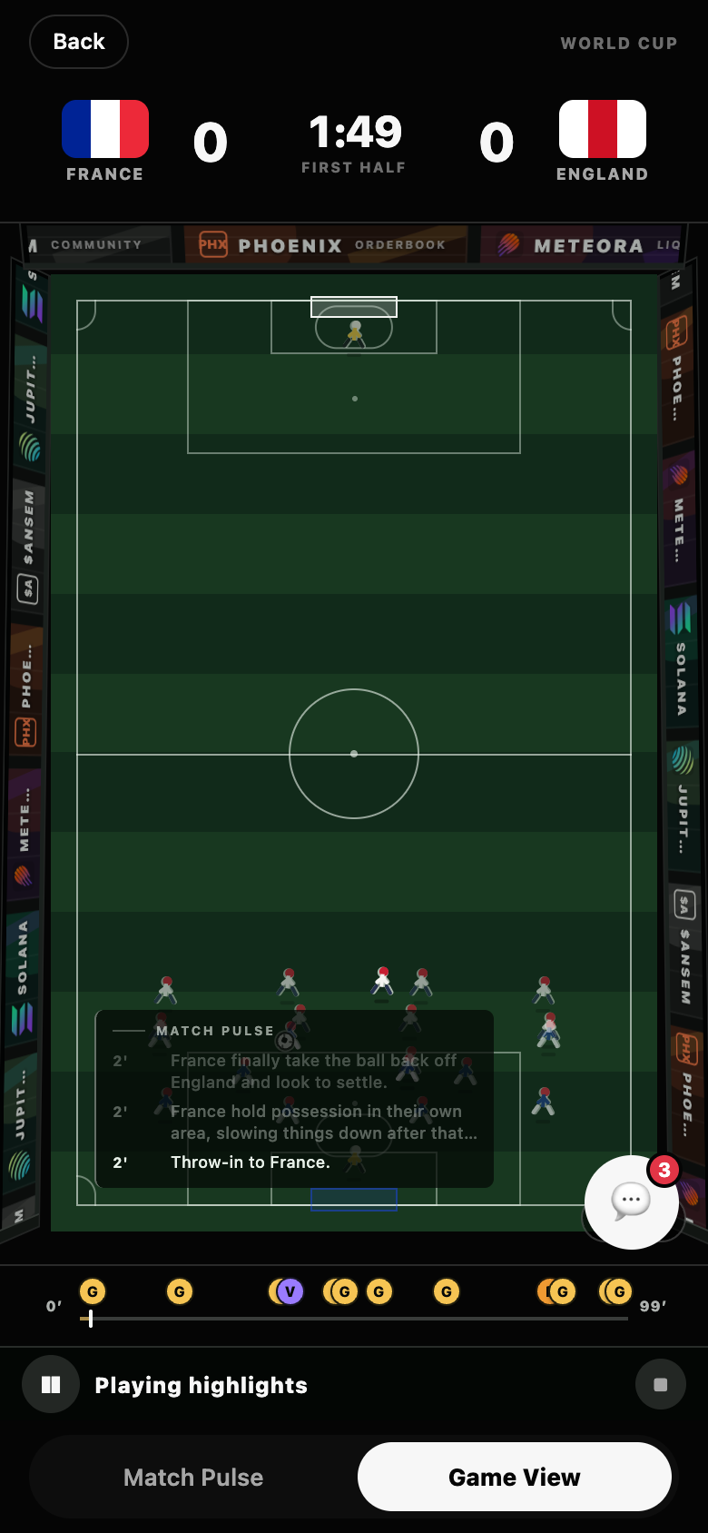 The Game View board mid-play — two stickman formation blocks on a top-down pitch, with the synced Match Pulse caption overlay
