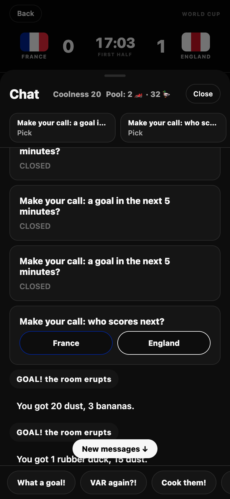 The match room mid-economy — open call prompts with team picks, coolness and the gift pool in the header, and gift drops landing after goals
