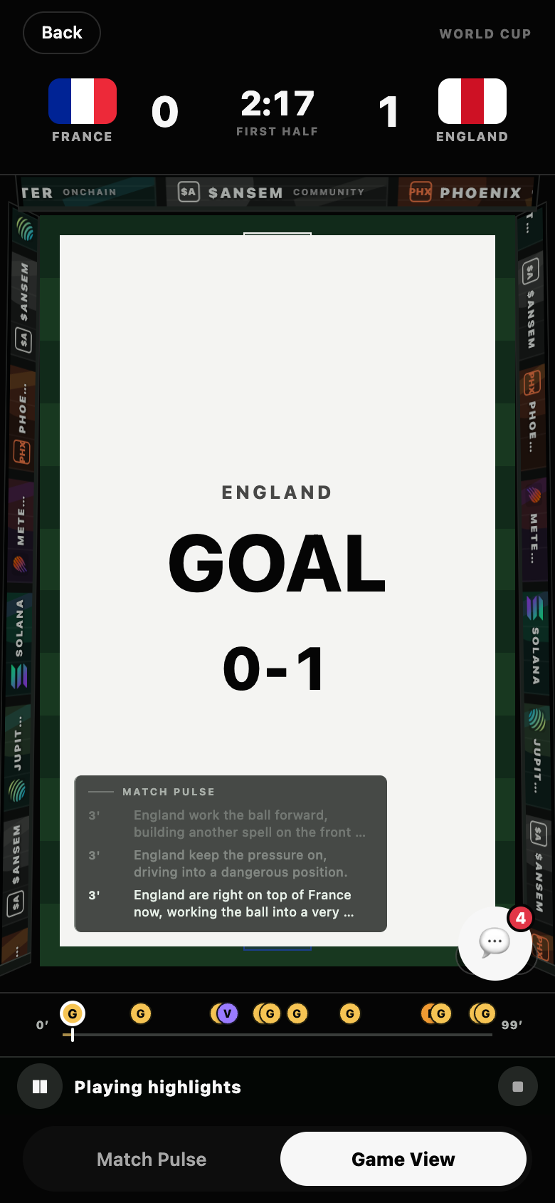 A goal takeover — the board flips to full-screen ENGLAND GOAL 0-1 typography