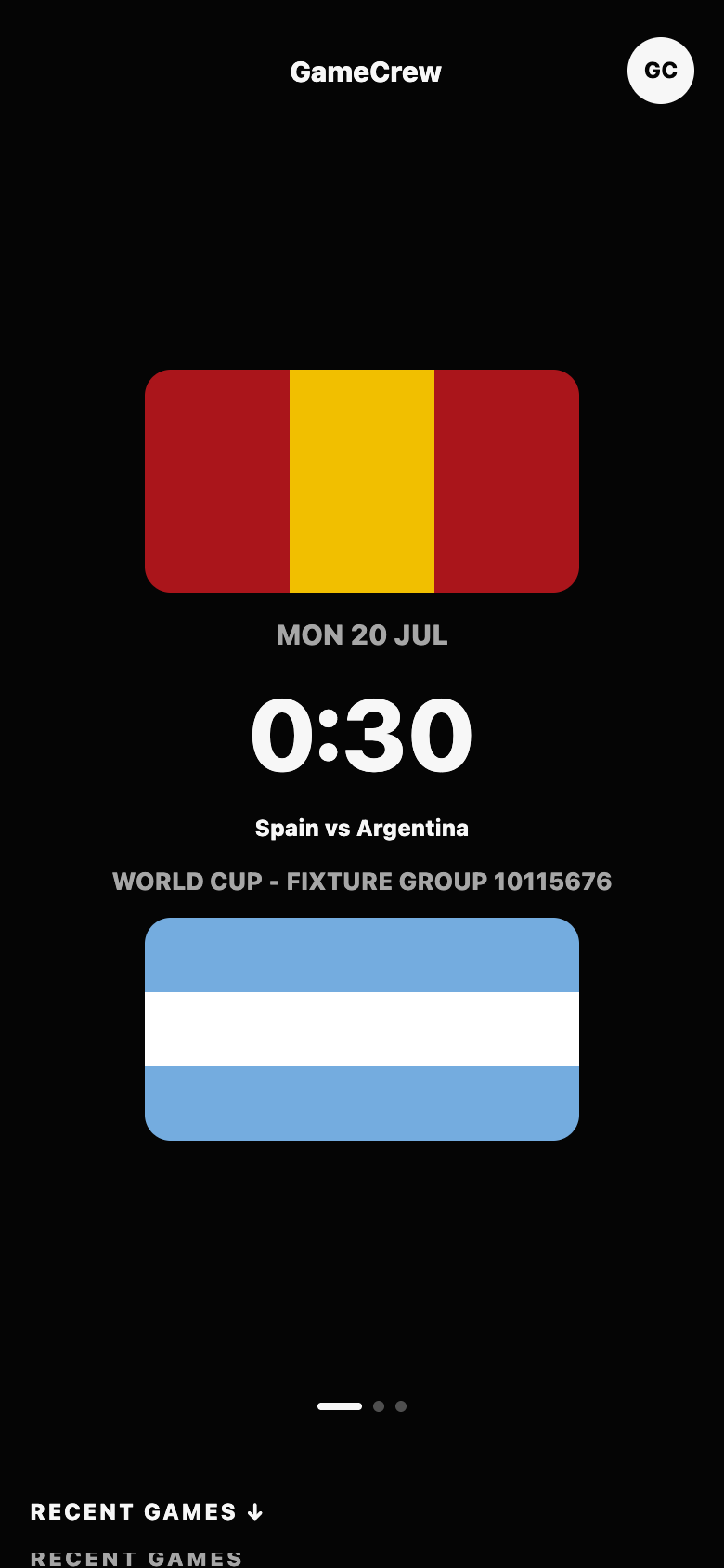 GameCrew home screen — a World Cup match poster with country flags, kickoff time, and the competition label