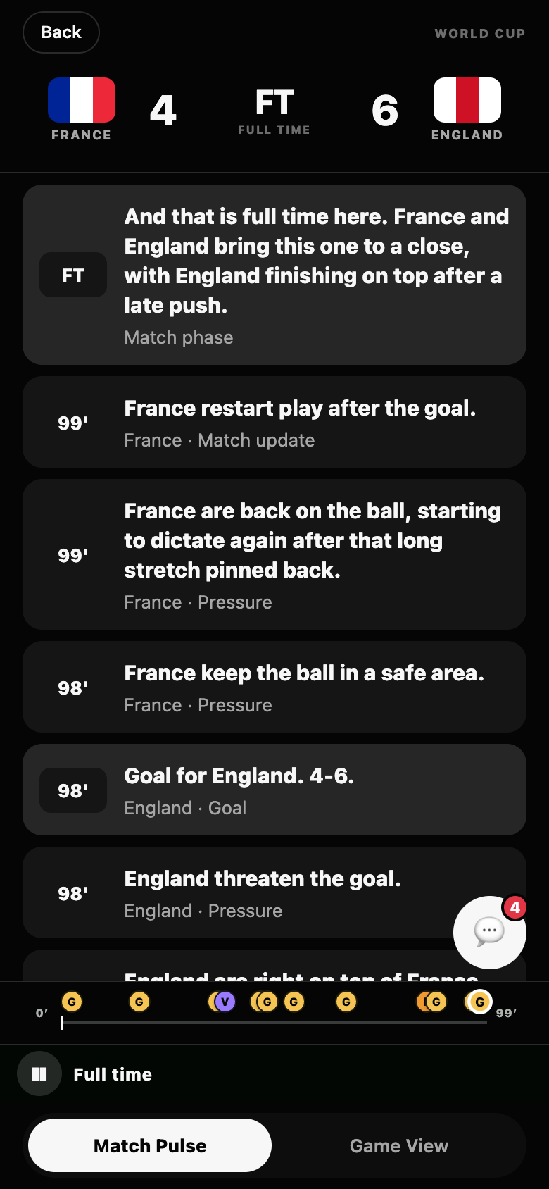 Match Pulse at full time — commentary entries with match clocks, a goal entry, and the checkpoint strip along the bottom